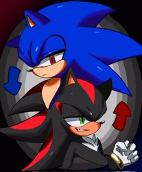 Size: 1699x2048 | Tagged: safe, artist:tamjeong_sonic, shadow the hedgehog, sonic the hedgehog, alternate eye color, arrow, duo, personality swap, smile