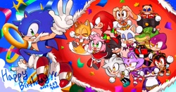 Size: 2048x1075 | Tagged: safe, artist:tamjeong_sonic, amy rose, big the cat, blaze the cat, charmy bee, cream the rabbit, e-123 omega, espio the chameleon, knuckles the echidna, miles "tails" prower, robotnik, rouge the bat, shadow the hedgehog, silver the hedgehog, sonic the hedgehog, vector the crocodile, human, birthday, cape, eggmobile, everyone is here, happy birthday, king sonic, ring, robot, star (symbol)