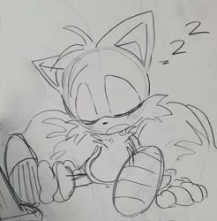 Size: 2019x2048 | Tagged: safe, artist:tamjeong_sonic, miles "tails" prower, eyes closed, greyscale, monochrome, pencilwork, sitting, sketch, sleeping, solo, traditional media, zzz