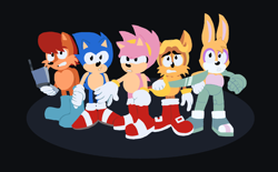 Size: 1920x1187 | Tagged: safe, artist:thatsnoton, amy rose, antoine d'coolette, bunnie rabbot, nicole the handheld, sally acorn, sonic the hedgehog, art.mobius original, geometric background, lineless, looking offscreen, redesign, simple background