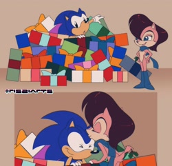 Size: 2392x2305 | Tagged: safe, artist:risziarts, sally acorn, sonic the hedgehog, christmas, duo, mistletoe, present, sally x sonic, shipping, straight