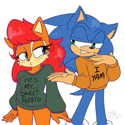 Size: 894x894 | Tagged: safe, artist:yoshiyoshi700, sally acorn, sonic the hedgehog, chipmunk, hedgehog, duo, meme, shipping, straight, sweater, words on a shirt