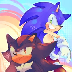 Size: 1024x1024 | Tagged: safe, artist:mokaturu_ma, shadow the hedgehog, sonic the hedgehog, abstract background, duo, frown, gay, grin, shadow x sonic, shipping, smile