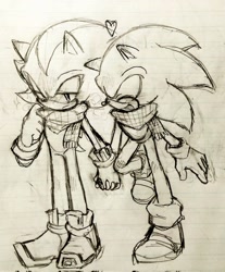 Size: 1694x2048 | Tagged: safe, artist:0mu_raiu1013, shadow the hedgehog, sonic the hedgehog, blushing, duo, gay, greyscale, heart, holding hands, monochrome, scarf, shadow x sonic, shipping, smile, standing, traditional media