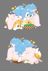 Size: 773x1134 | Tagged: safe, artist:prr-11, miles "tails" prower, sonic the hedgehog, classic sonic, classic tails, cute, duo, goal ring, grey background, group, lying down, self paradox, simple background, sonabetes