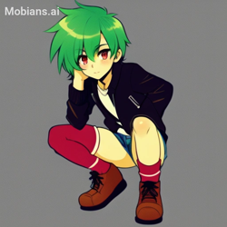 Size: 512x512 | Tagged: safe, ai art, artist:mobians.ai, human, asymmetrical legwear, green hair, humanized, jacket, male, manic the hedgehog, red eyes, shirt, shoes, shorts, single sock, single thighhigh, solo