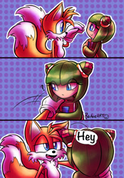 Size: 1280x1842 | Tagged: safe, artist:barbie--art, cosmo the seedrian, miles "tails" prower, abstract background, dialogue, duo, question mark, shipping, straight, tailsmo