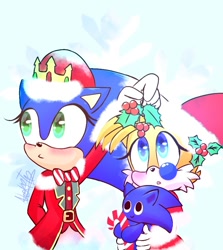 Size: 768x862 | Tagged: dead source, safe, artist:nekitogame67025, miles "tails" prower, sonic the hedgehog, 2023, abstract background, blushing, carrying them, character chao, christmas, christmas hat, christmas outfit, christmas sweater, cute, gender swap, holding something, lesbian, looking at something, looking away, looking offscreen, mistletoe, pout, shipping, signature, snowflake, sonabetes, sonic chao, sonic x tails, standing, tailabetes, trio