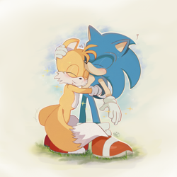 Size: 1920x1920 | Tagged: safe, artist:navarrito, miles "tails" prower, sonic the hedgehog, 2023, abstract background, blushing, cute, duo, edit, eyes closed, gay, grass, hugging, kiss on head, outline, shipping, smile, sonabetes, sonic x tails, standing, tailabetes