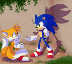 Size: 900x791 | Tagged: safe, artist:montyth, miles "tails" prower, shadow the hedgehog, sonic the hedgehog, abstract background, duo, looking at each other, question mark, shadow (lighting), sweatdrop