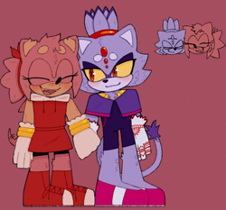 Size: 1280x1195 | Tagged: safe, artist:rosetintedjello, amy rose, blaze the cat, 2024, amy x blaze, duo, fangs, holding hands, lesbian, red background, shipping, simple background, smile, yellow sclera