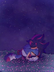 Size: 640x855 | Tagged: safe, artist:glitchedcosmos, shadow the hedgehog, sonic the hedgehog, abstract background, cuddling, duo, eyes closed, gay, nighttime, outdoors, shadow x sonic, shipping, star (sky)