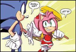 Size: 1079x747 | Tagged: safe, artist:deimostes, editor:deimostes, amy rose, oc, oc:hammer the hedgehog, abstract background, dialogue, duo, edit, english text, holding something, looking at each other, piko piko hammer, smile, speech bubble, standing, trans boy amy, trans male, transgender