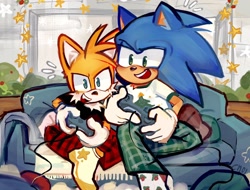 Size: 2048x1556 | Tagged: safe, artist:astrxchoi, miles "tails" prower, sonic the hedgehog, 2024, abstract background, christmas, duo, gaming, indoors, pijamas, sitting, smile