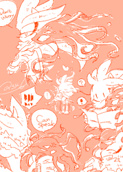 Size: 500x700 | Tagged: safe, artist:34_6, shadow the hedgehog, sticks the badger, sonic x shadow generations, doom shadow, duo, english text, monochrome, multiple views, pink background, speech bubble