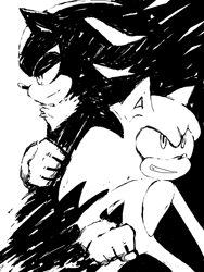 Size: 480x640 | Tagged: safe, artist:34_6, shadow the hedgehog, sonic the hedgehog, 2009, duo, greyscale, grin, monochrome, smile