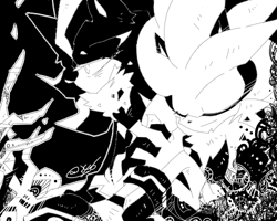 Size: 500x400 | Tagged: safe, artist:34_6, mephiles the dark, silver the hedgehog, duo, eyes closed, greyscale, monochrome, signature