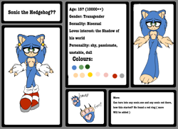 Size: 874x636 | Tagged: safe, artist:sonicsgoldrings, sonic the hedgehog, 2023, alternate universe, barefoot, bisexual, character name, chipped ear, claws, ear piercing, earring, english text, fingerless gloves, pawpads, paws, reference sheet, solo, standing, top surgery scars, trans male, transgender