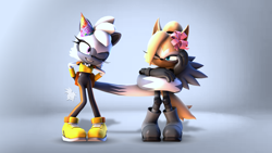 Size: 1920x1080 | Tagged: safe, artist:shinyhexagous, tangle the lemur, whisper the wolf, 2024, 3d, abstract background, birthday, birthday hat, duo, lesbian, looking at each other, one eye closed, party hat, shipping, signature, smile, standing, tail hug, tangle x whisper, wink