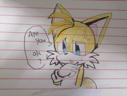 Size: 2048x1536 | Tagged: safe, artist:pupu77859245726, miles "tails" prower, 2024, bust, dialogue, english text, lined paper, mouth open, solo, speech bubble, sweatdrop, traditional media