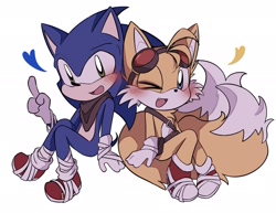 Size: 2048x1584 | Tagged: safe, artist:pain101101, miles "tails" prower, sonic the hedgehog, 2024, blushing, cute, duo, gay, heart, looking at viewer, mouth open, one fang, pointing, shipping, simple background, sitting, smile, sonabetes, sonic boom (tv), sonic x tails, tailabetes, white background, wink