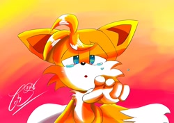 Size: 2048x1451 | Tagged: safe, artist:ev24727088, miles "tails" prower, 2024, crying, gradient background, lidded eyes, looking at viewer, reaching towards the viewer, signature, solo, standing, tears