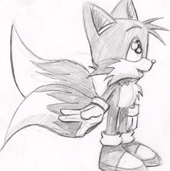 Size: 597x600 | Tagged: safe, artist:lynaithan, miles "tails" prower, 2008, classic tails, cute, greyscale, looking offscreen, monochrome, mouth open, simple background, smile, solo, standing, tailabetes, white background