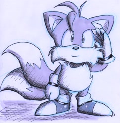 Size: 2242x2304 | Tagged: safe, artist:lynaithan, miles "tails" prower, 2009, classic tails, cute, grey background, looking offscreen, monochrome, salute, simple background, smile, solo, standing