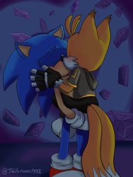 Size: 1536x2048 | Tagged: safe, artist:tailsfann1992, miles "tails" prower, nine, sonic the hedgehog, 2024, abstract background, blushing, carrying them, duo, eyes closed, gay, holding each other, kiss, nine x sonic, shipping, signature, sonic x tails, standing