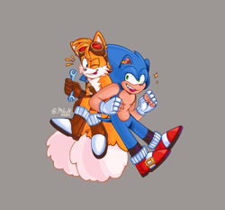 Size: 2048x1906 | Tagged: safe, artist:_milestt, miles "tails" prower, sonic the hedgehog, 2024, boots, brown gloves, brown shoes, duo, fingerless gloves, gay, grey background, holding something, linking arms, looking at them, looking at viewer, shipping, simple background, smile, sonic boom (tv), sonic x tails, sparkles, tongue out, top surgery scars, trans male, transgender, wink, wrench