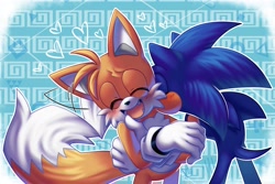 Size: 2048x1365 | Tagged: safe, artist:la_gata_golosa_, miles "tails" prower, sonic the hedgehog, 2024, abstract background, blushing, cute, duo, eyes closed, fangs, floppy ear, gay, heart, heart tail, holding each other, laughing, mouth open, nuzzle, shipping, sonic x tails, standing