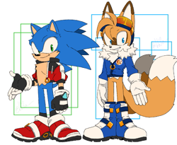 Size: 601x492 | Tagged: safe, artist:b3ab3a, miles "tails" prower, sonic the hedgehog, abstract background, blue shoes, boots, chest fluff, duo, goggles, jacket, looking at viewer, redesign, smile, standing