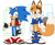 Size: 601x492 | Tagged: safe, artist:b3ab3a, miles "tails" prower, sonic the hedgehog, abstract background, blue shoes, boots, chest fluff, clothes, duo, goggles, goggles on head, jacket, looking at viewer, redesign, smile, smiling at viewer, standing