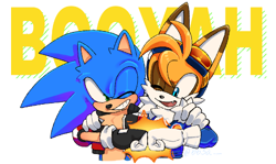 Size: 499x297 | Tagged: safe, artist:b3ab3a, miles "tails" prower, sonic the hedgehog, arm around shoulders, booyah, chest fluff, duo, fistbump, goggles, jacket, redesign, simple background, smile, white background, wink