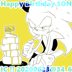 Size: 400x400 | Tagged: safe, artist:34_6, sonic the hedgehog, birthday, food, fork, happy birthday, holding something, monochrome, simple background, sitting, solo, yellow background