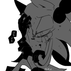 Size: 400x400 | Tagged: safe, artist:34_6, sonic the hedgehog, covering face, greyscale, hands on own face, japanese text, monochrome, sad, signature, simple background, sitting, solo, speech bubble, white background