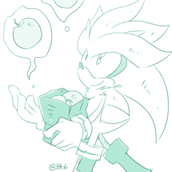 Size: 400x400 | Tagged: safe, artist:34_6, silver the hedgehog, apple, bag, food, fruit, holding something, looking up, monochrome, psychokinesis, simple background, smile, solo, white background