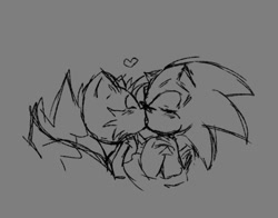 Size: 943x741 | Tagged: safe, artist:buttersss__, miles "tails" prower, sonic the hedgehog, 2024, blushing, bust, duo, eyes closed, gay, grey background, heart, holding hands, kiss, line art, monochrome, shipping, simple background, sketch, sonic x tails