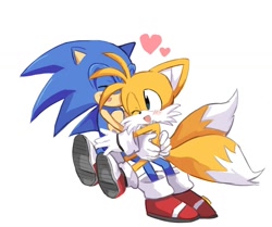 Size: 1200x1004 | Tagged: safe, artist:tlskwi, miles "tails" prower, sonic the hedgehog, cute, duo, eyes closed, gay, heart, hugging, one eye closed, shipping, simple background, sitting, sitting on lap, sitting on them, smile, sonabetes, sonic x tails, tailabetes, white background