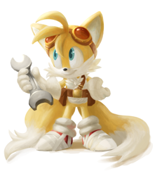 Size: 800x903 | Tagged: safe, artist:nonananana, miles "tails" prower, hand on hip, holding something, lineless, looking offscreen, looking up, simple background, smile, solo, sonic boom (tv), standing, white background, wrench