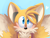 Size: 887x674 | Tagged: safe, artist:devotedsidekick, artist:sp-rings, miles "tails" prower, blue background, blushing, heart, lineless, looking at viewer, simple background, smile, solo