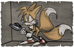 Size: 1108x717 | Tagged: safe, artist:lavendire, miles "tails" prower, abstract background, bending over, frown, holding something, looking offscreen, solo, standing, wrench