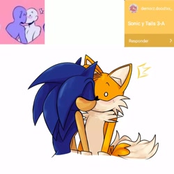 Size: 1080x1080 | Tagged: safe, artist:fris_hophyy, miles "tails" prower, sonic the hedgehog, 2022, blushing, duo, eyes closed, faic, gay, kiss, reference inset, shipping, simple background, sonic x tails, standing, surprise kiss, surprised, sweatdrop, white background