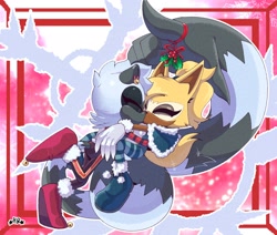 Size: 2048x1735 | Tagged: safe, artist:buddyhyped, tangle the lemur, whisper the wolf, 2024, abstract background, christmas, christmas outfit, duo, eyes closed, holding something, kiss, lesbian, mistletoe, outline, signature, tail hand, tangabetes