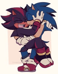 Size: 768x968 | Tagged: safe, artist:jingleding0, shadow the hedgehog, sonic the hedgehog, 2024, abstract background, blushing, cute, duo, gay, kiss on cheek, shadow x sonic, shadowbetes, shipping, sitting, sitting on lap, sitting on them, smile, sonabetes