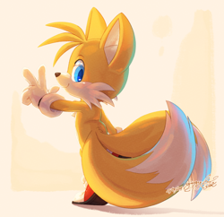 Size: 1250x1212 | Tagged: safe, artist:gingykfox, miles "tails" prower, abstract background, backwards v sign, cute, looking at viewer, looking back, looking back at viewer, signature, smile, solo, standing, tailabetes, v sign