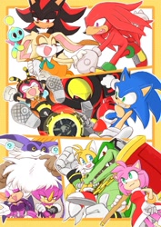 Size: 647x915 | Tagged: safe, artist:yotsumeddd, amy rose, big the cat, charmy bee, cream the rabbit, e-123 omega, espio the chameleon, knuckles the echidna, miles "tails" prower, rouge the bat, shadow the hedgehog, sonic the hedgehog, vector the crocodile