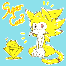 Size: 400x400 | Tagged: safe, artist:34_6, sonic the hedgehog, super sonic, cat, blue background, chaos emerald, cute, english text, simple background, siting, solo, species swap, super form