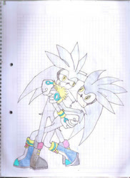 Size: 400x550 | Tagged: safe, artist:thunder-the-mouse, silver the hedgehog, duo, self paradox, traditional media, venice the hedgehog