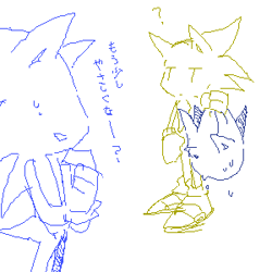 Size: 300x300 | Tagged: safe, artist:34_6, sonic the hedgehog, super sonic, duo, holding something, japanese text, monochrome, self paradox, severed head, simple background, super form, white background